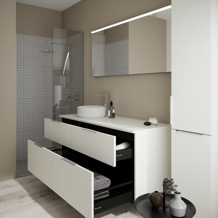 burgbad Eqio Waschtischkombination mit Keramik-Aufsatzwaschtisch 140 cm, links, mit Griff G0146