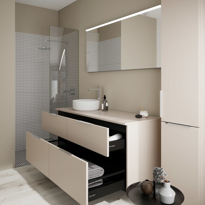 burgbad Eqio Waschtischkombination mit Keramik-Aufsatzwaschtisch 140 cm, links, mit Griff G0146