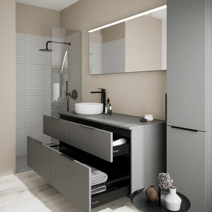 burgbad Eqio Waschtischkombination mit Keramik-Aufsatzwaschtisch 140 cm, links, mit Griff G0200