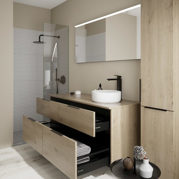 burgbad Eqio Waschtischkombination mit Keramik-Aufsatzwaschtisch 140 cm, rechts, mit Griff G0200