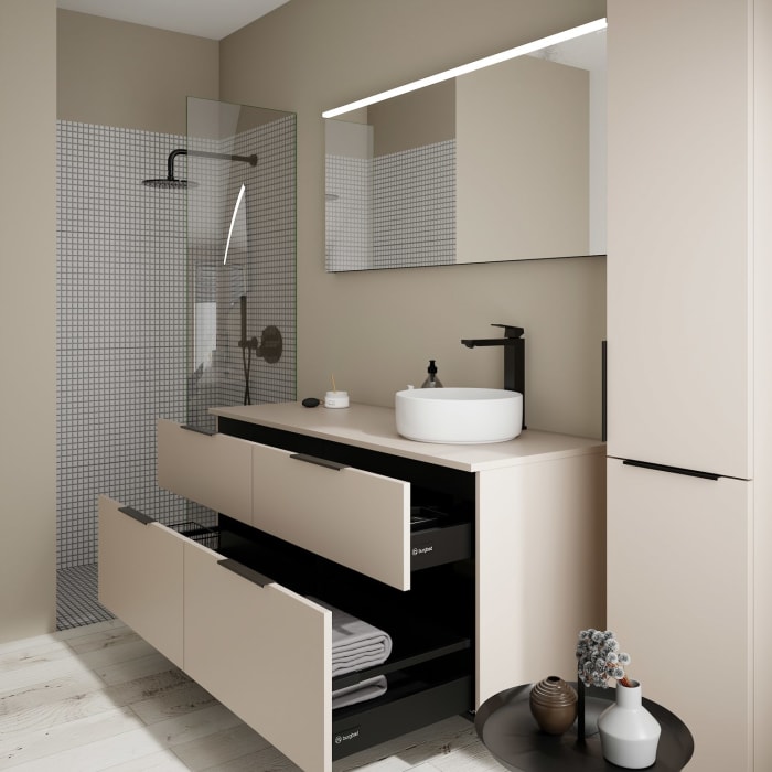 burgbad Eqio Waschtischkombination mit Keramik-Aufsatzwaschtisch 140 cm, rechts, mit Griff G0200