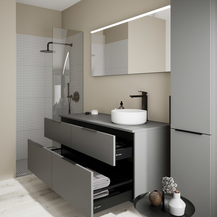 burgbad Eqio Waschtischkombination mit Keramik-Aufsatzwaschtisch 140 cm, rechts, mit Griff G0200