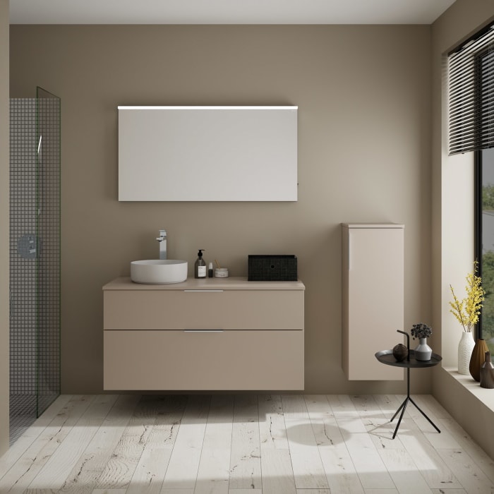 burgbad Eqio Waschtischkombination mit Keramik-Aufsatzwaschtisch 120 cm, links, mit Griff G0146