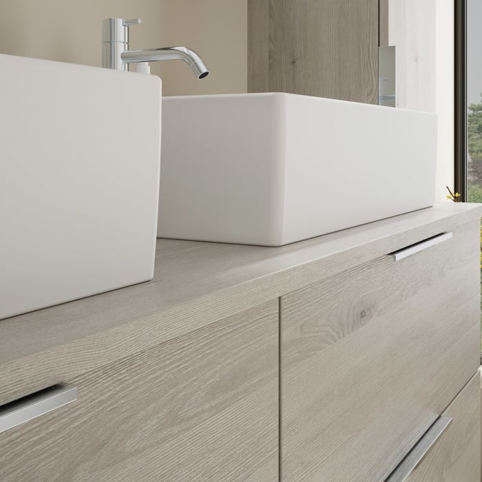 burgbad Eqio Waschtischkombination mit Keramik-Aufsatzwaschtisch 140 cm, links und rechts, mit Griff G0146