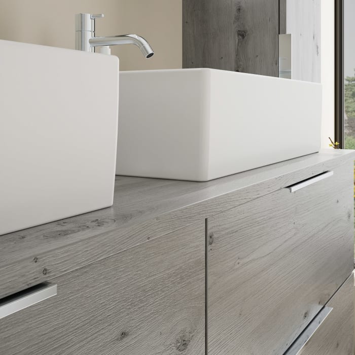 burgbad Eqio Waschtischkombination mit Keramik-Aufsatzwaschtisch 140 cm, links und rechts, mit Griff G0146