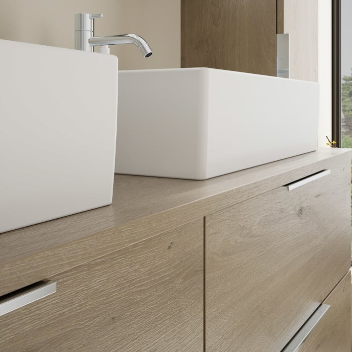 burgbad Eqio Waschtischkombination mit Keramik-Aufsatzwaschtisch 140 cm, links und rechts, mit Griff G0146