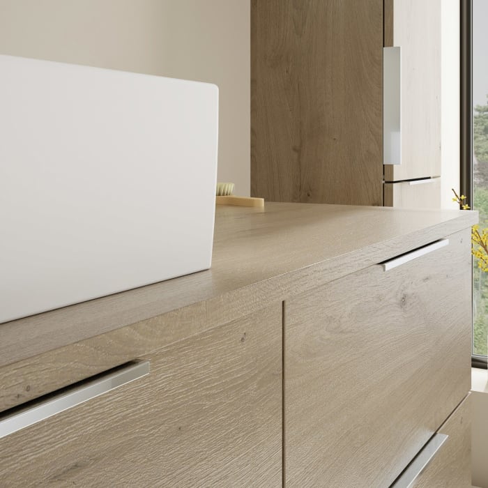 burgbad Eqio Waschtischkombination mit Keramik-Aufsatzwaschtisch 120 cm, links, mit Griff G0146