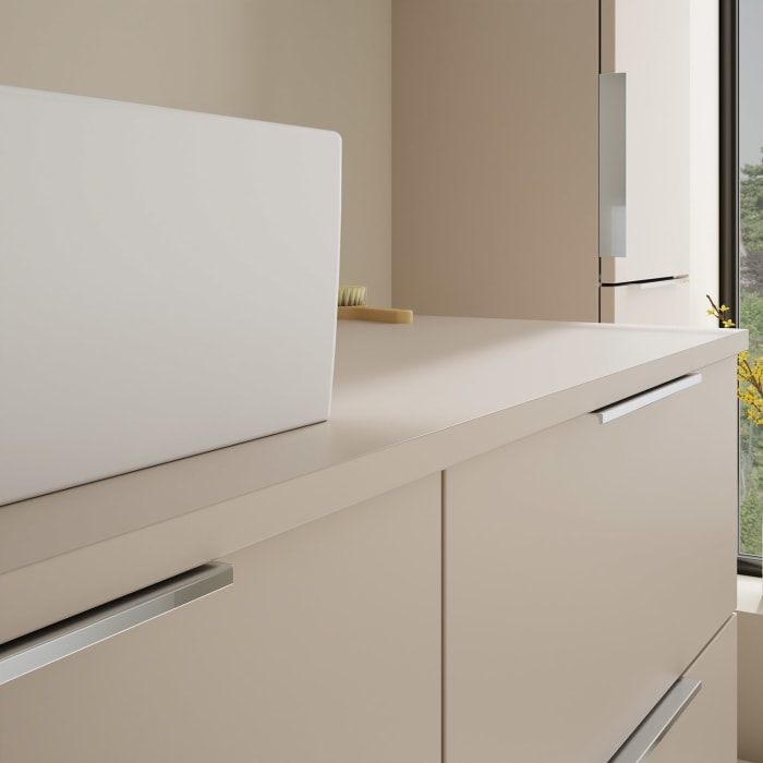 burgbad Eqio Waschtischkombination mit Keramik-Aufsatzwaschtisch 120 cm, links, mit Griff G0146