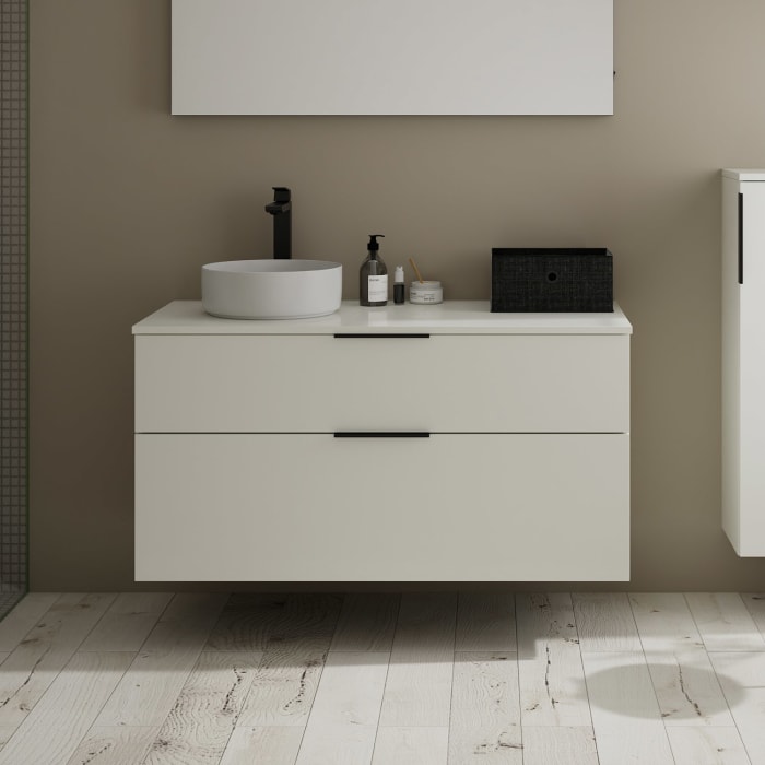 burgbad Eqio Waschtischkombination mit Keramik-Aufsatzwaschtisch 120 cm, links, mit Griff G0200