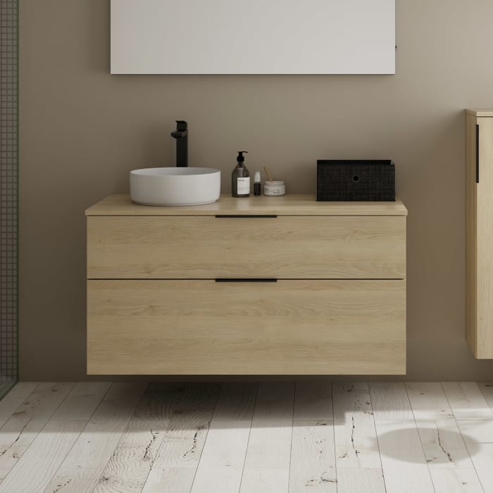 burgbad Eqio Waschtischkombination mit Keramik-Aufsatzwaschtisch 120 cm, links, mit Griff G0200