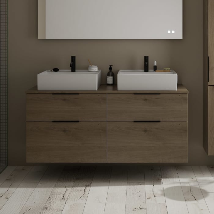 burgbad Eqio Waschtischkombination mit Keramik-Aufsatzwaschtisch 140 cm, links und rechts, mit Griff G0200