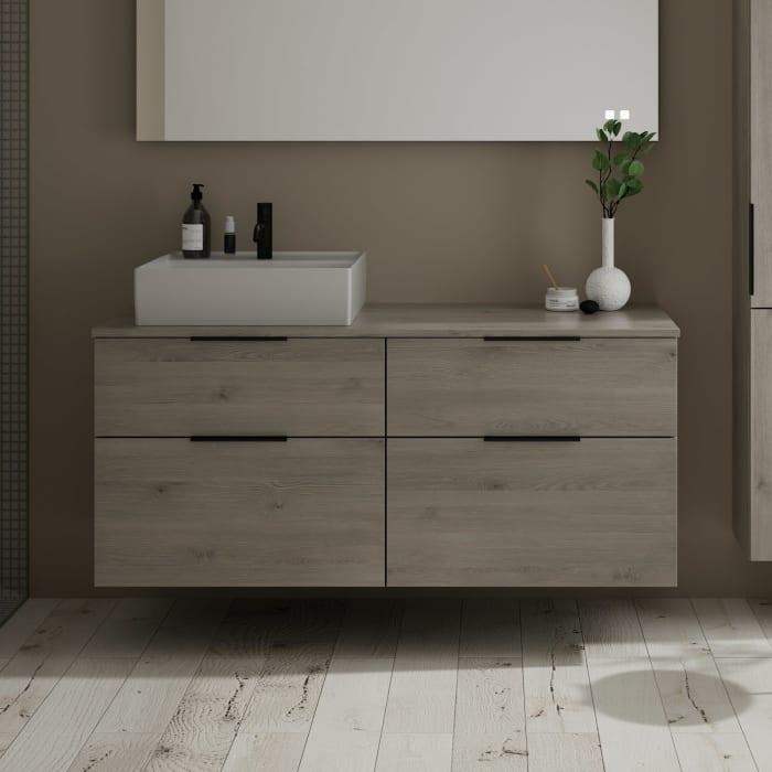 burgbad Eqio Waschtischkombination mit Keramik-Aufsatzwaschtisch 140 cm, links, mit Griff G0200