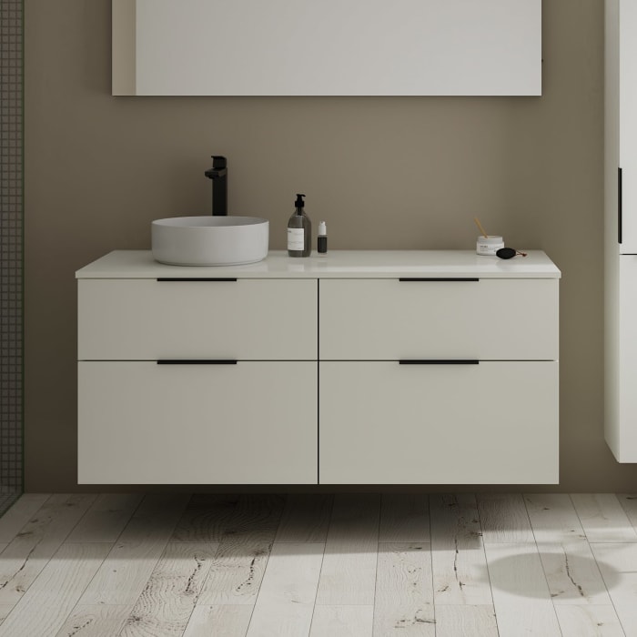 burgbad Eqio Waschtischkombination mit Keramik-Aufsatzwaschtisch 140 cm, links, mit Griff G0200