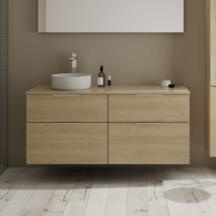 burgbad Eqio Waschtischkombination mit Keramik-Aufsatzwaschtisch 140 cm, links, mit Griff G0146