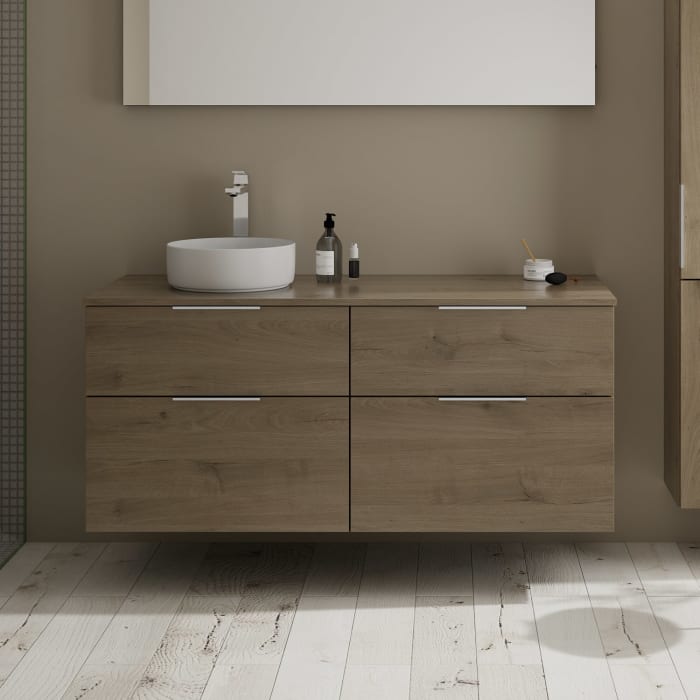 burgbad Eqio Waschtischkombination mit Keramik-Aufsatzwaschtisch 140 cm, links, mit Griff G0146