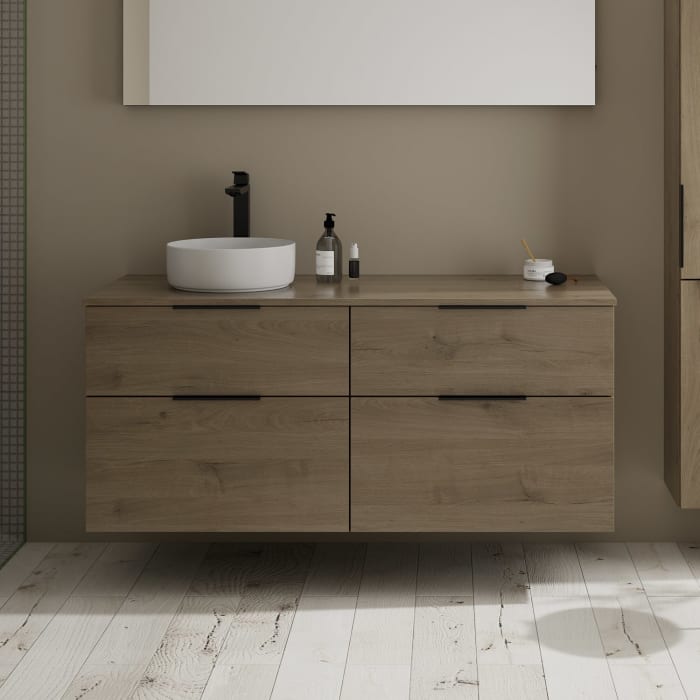 burgbad Eqio Waschtischkombination mit Keramik-Aufsatzwaschtisch 140 cm, links, mit Griff G0200