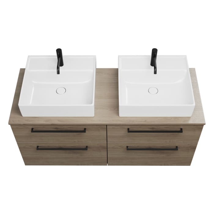 burgbad Eqio Waschtischkombination mit Keramik-Aufsatzwaschtisch 140 cm, links und rechts, mit Stangengriff G0234