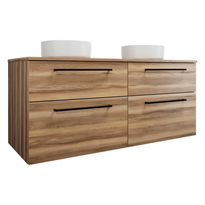 burgbad Eqio Waschtischkombination mit Keramik-Aufsatzwaschtisch 140 cm, links und rechts, mit Stangengriff G0234