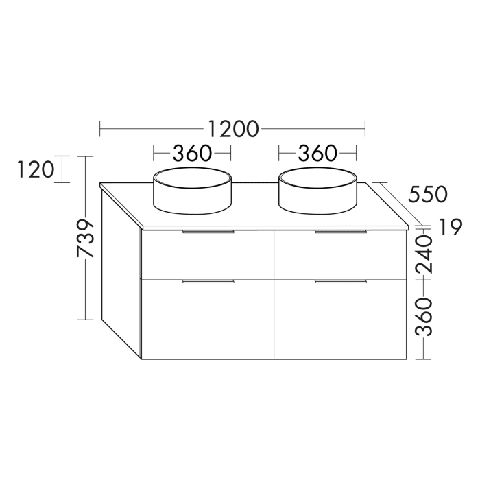 burgbad Eqio Waschtischkombination mit Keramik-Aufsatzwaschtisch 120 cm, links und rechts, mit Griffleiste G0251