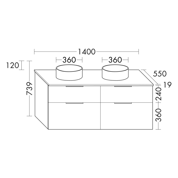 burgbad Eqio Waschtischkombination mit Keramik-Aufsatzwaschtisch 140 cm, links und rechts, mit Griff G0146