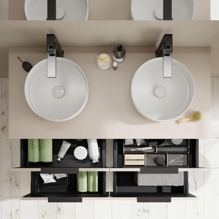 burgbad Eqio Waschtischkombination mit Keramik-Aufsatzwaschtisch 120 cm, links und rechts, mit Griff G0200