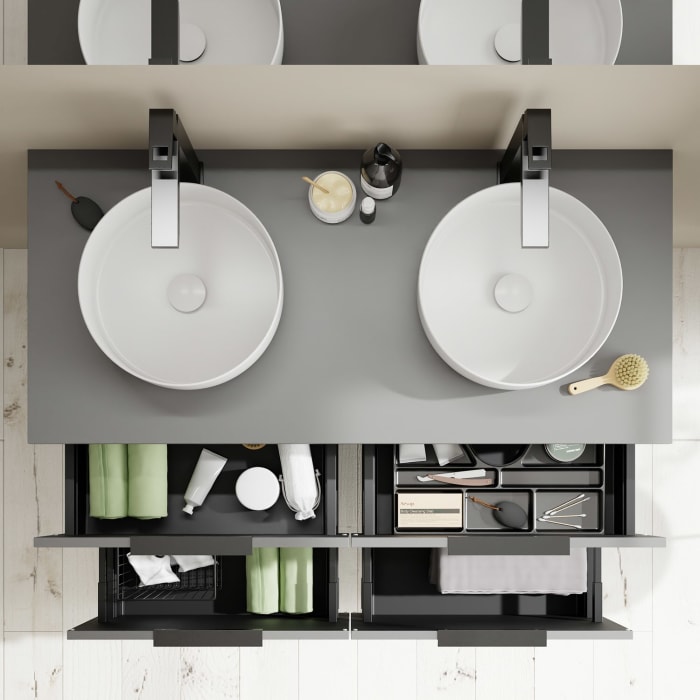 burgbad Eqio Waschtischkombination mit Keramik-Aufsatzwaschtisch 120 cm, links und rechts, mit Griff G0200