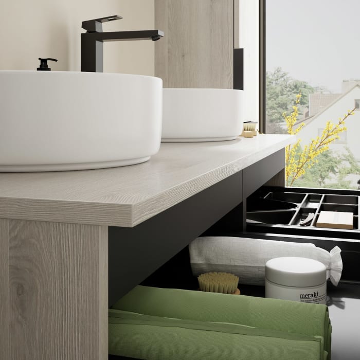 burgbad Eqio Waschtischkombination mit Keramik-Aufsatzwaschtisch 120 cm, links und rechts, mit Griff G0200