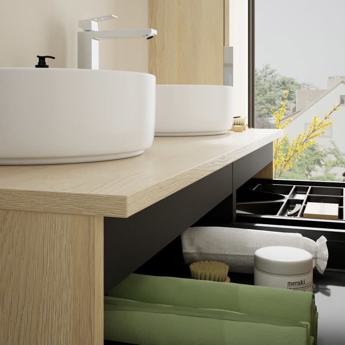 burgbad Eqio Waschtischkombination mit Keramik-Aufsatzwaschtisch 120 cm, links und rechts, mit Griff G0146