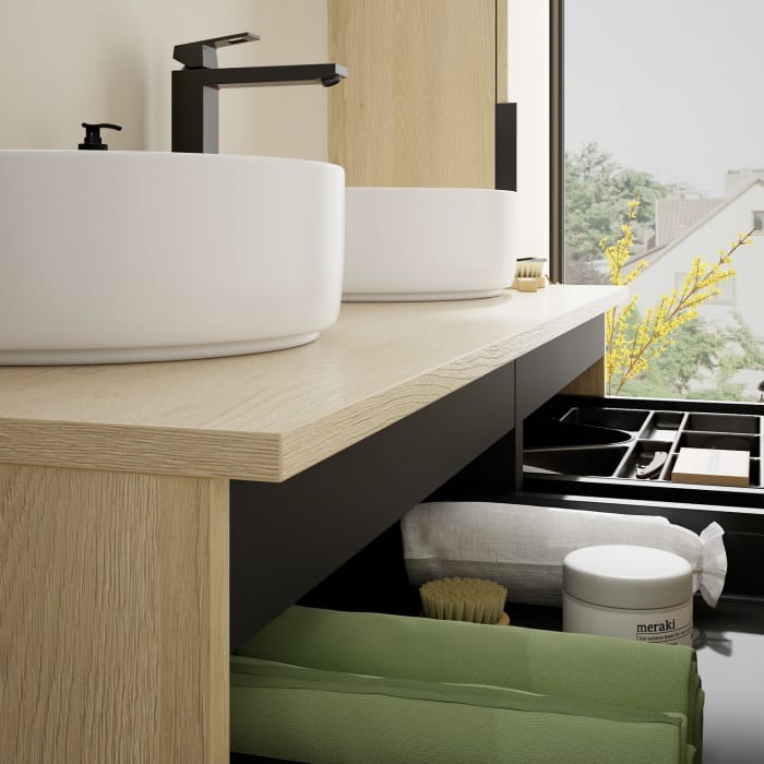 burgbad Eqio Waschtischkombination mit Keramik-Aufsatzwaschtisch 120 cm, links und rechts, mit Griff G0200