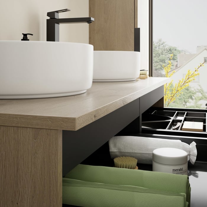 burgbad Eqio Waschtischkombination mit Keramik-Aufsatzwaschtisch 120 cm, links und rechts, mit Griff G0200