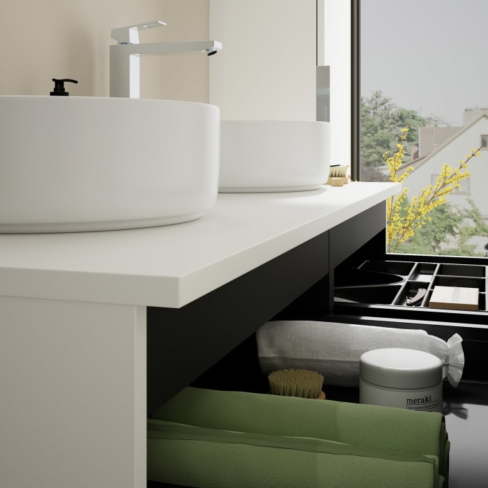 burgbad Eqio Waschtischkombination mit Keramik-Aufsatzwaschtisch 120 cm, links und rechts, mit Griff G0146