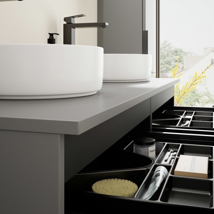 burgbad Eqio Waschtischkombination mit Keramik-Aufsatzwaschtisch 140 cm, links und rechts, mit Griff G0200