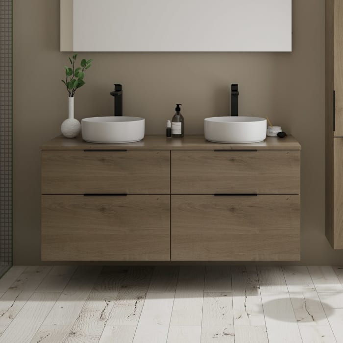 burgbad Eqio Waschtischkombination mit Keramik-Aufsatzwaschtisch 140 cm, links und rechts, mit Griff G0200