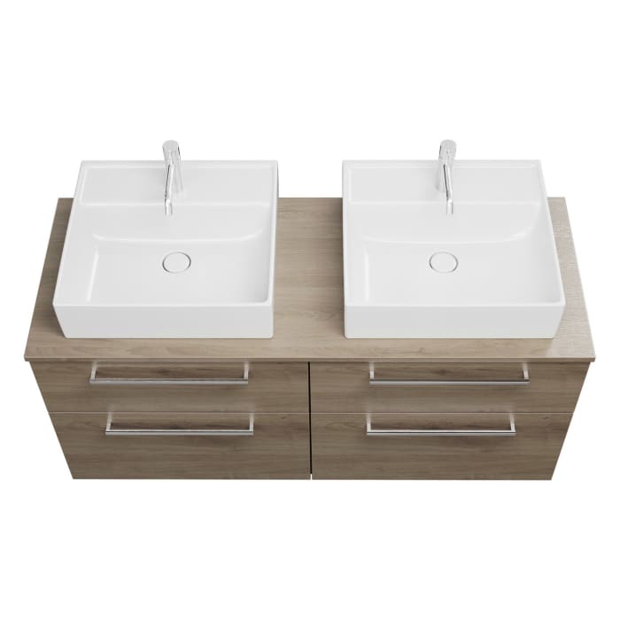 burgbad Eqio Waschtischkombination mit Keramik-Aufsatzwaschtisch 140 cm, links und rechts, mit Stangengriff P95