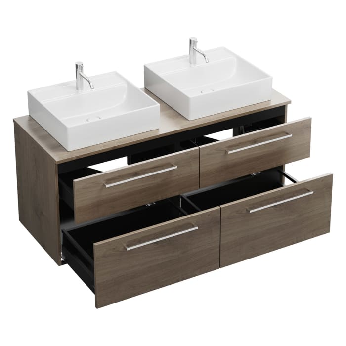 burgbad Eqio Waschtischkombination mit Keramik-Aufsatzwaschtisch 140 cm, links und rechts, mit Stangengriff P95