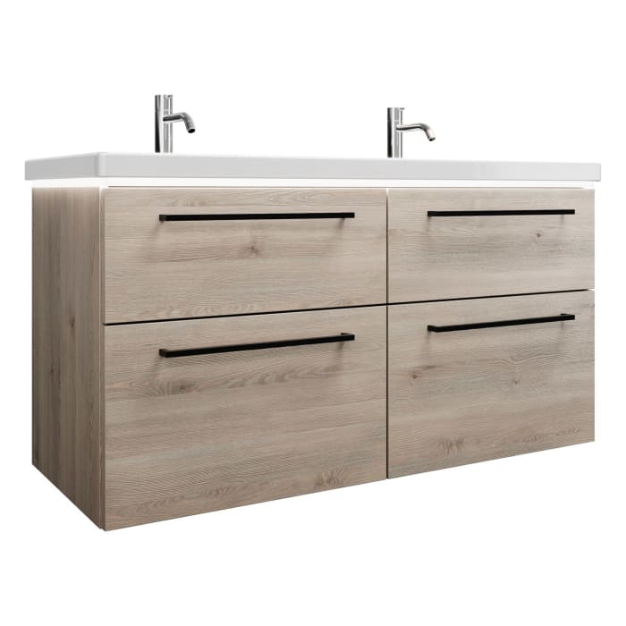 burgbad Eqio Waschtischkombination mit Keramik-Doppelwaschtisch mit LED-Beleuchtung, 123 cm, mit Stangengriff G0234