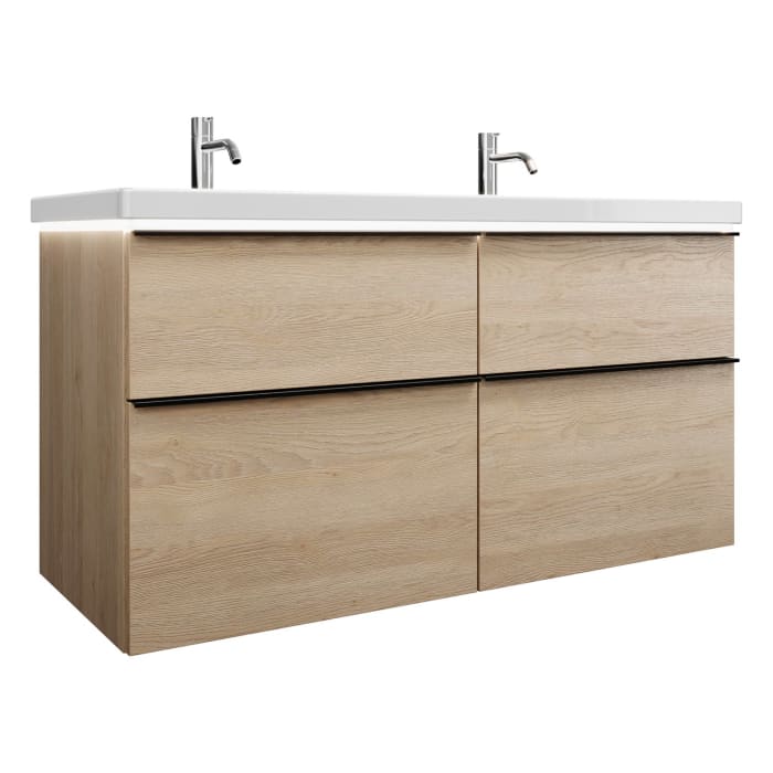 burgbad Eqio Waschtischkombination mit Keramik-Doppelwaschtisch mit LED-Beleuchtung, 123 cm, mit Griffleiste G0252