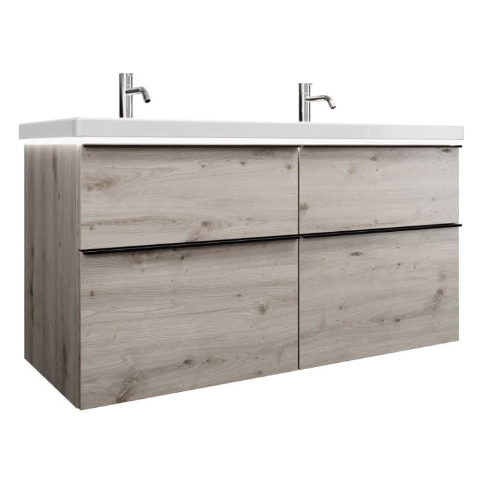 burgbad Eqio Waschtischkombination mit Keramik-Doppelwaschtisch mit LED-Beleuchtung, 123 cm, mit Griffleiste G0252