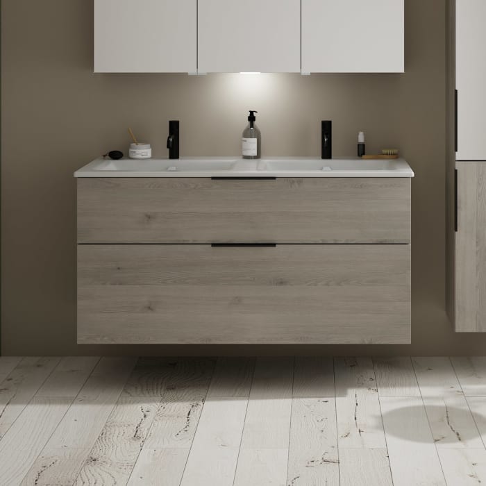 burgbad Eqio Waschtischkombination mit Keramik-Doppelwaschtisch Slim, 122 cm, mit Griff G0200