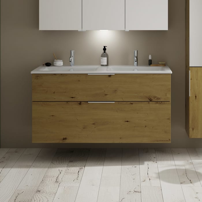 burgbad Eqio Waschtischkombination mit Keramik-Doppelwaschtisch Slim, 122 cm, mit Griff G0146