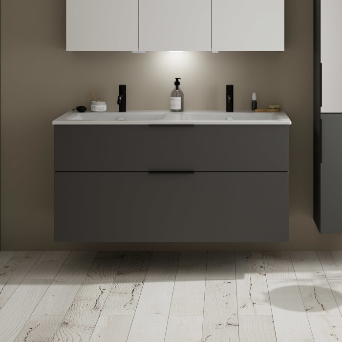 burgbad Eqio Waschtischkombination mit Keramik-Doppelwaschtisch Slim, 122 cm, mit Griff G0200