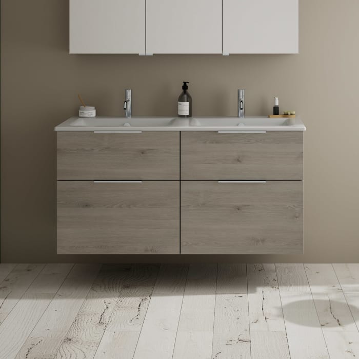 burgbad Eqio Waschtischkombination mit Keramik-Doppelwaschtisch Slim, 122 cm, mit Griff G0146