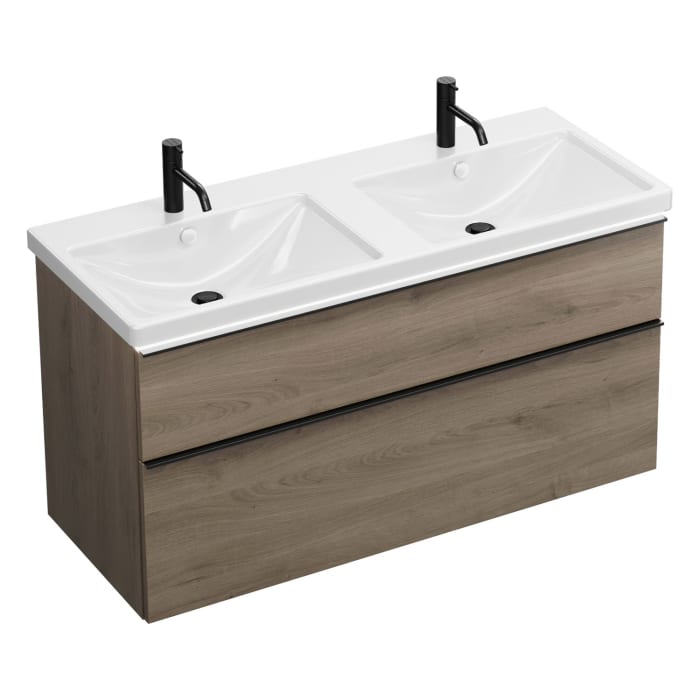 burgbad Eqio Waschtischkombination mit Keramik-Doppelwaschtisch mit LED-Beleuchtung, 123 cm, mit Griffleiste G0252