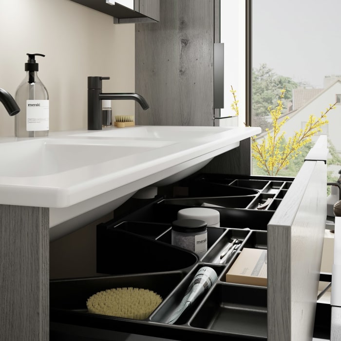 burgbad Eqio Waschtischkombination mit Keramik-Doppelwaschtisch Slim, 122 cm, mit Griff G0200