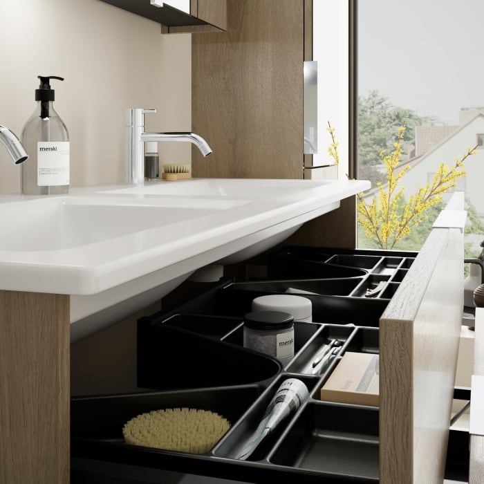 burgbad Eqio Waschtischkombination mit Keramik-Doppelwaschtisch Slim, 122 cm, mit Griff G0146