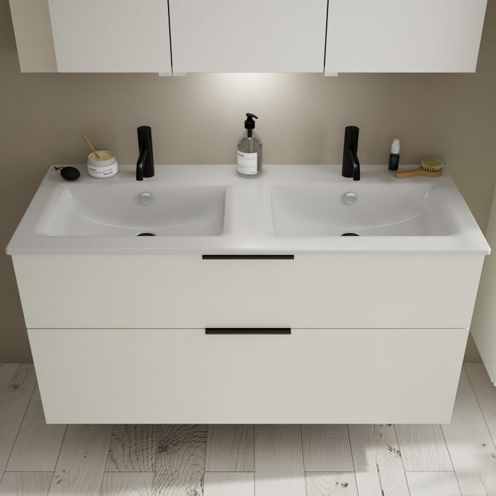 burgbad Eqio Waschtischkombination mit Keramik-Doppelwaschtisch Slim, 122 cm, mit Griff G0200