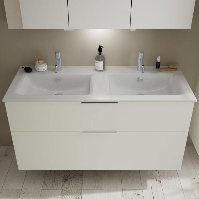 burgbad Eqio Waschtischkombination mit Keramik-Doppelwaschtisch Slim, 122 cm, mit Griff G0146