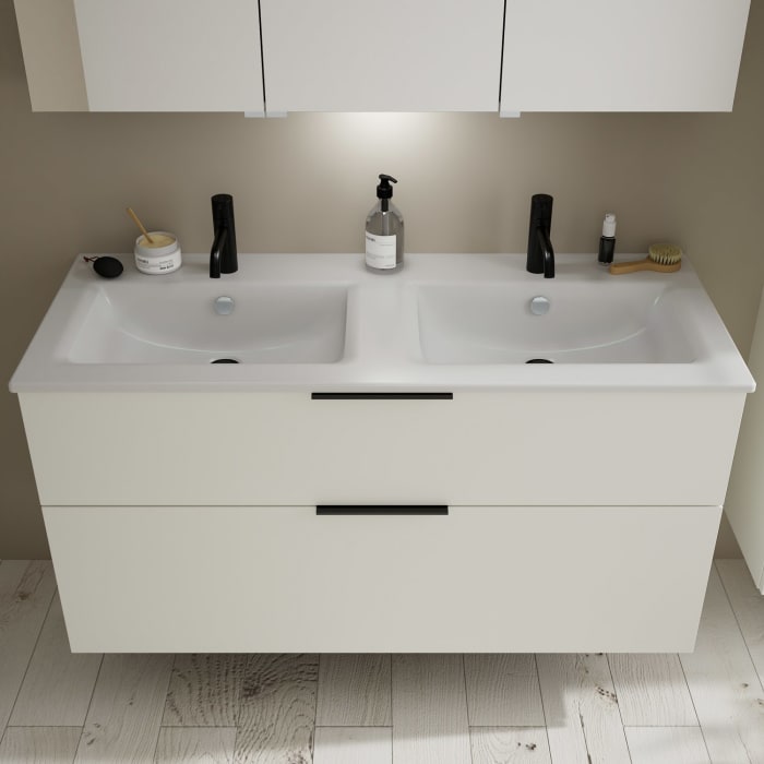 burgbad Eqio Waschtischkombination mit Keramik-Doppelwaschtisch Slim, 122 cm, mit Griff G0200