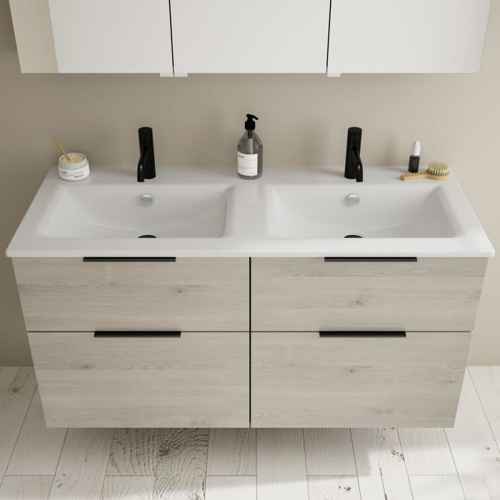 burgbad Eqio Waschtischkombination mit Keramik-Doppelwaschtisch Slim, 122 cm, mit Griff G0200