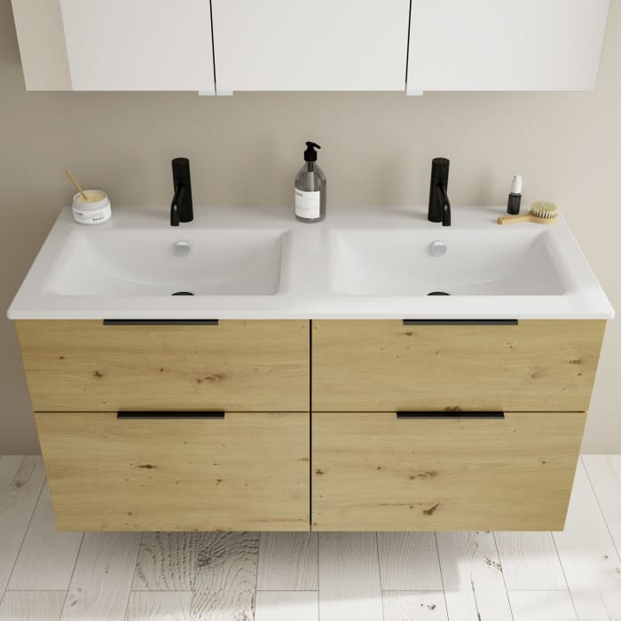 burgbad Eqio Waschtischkombination mit Keramik-Doppelwaschtisch Slim, 122 cm, mit Griff G0200